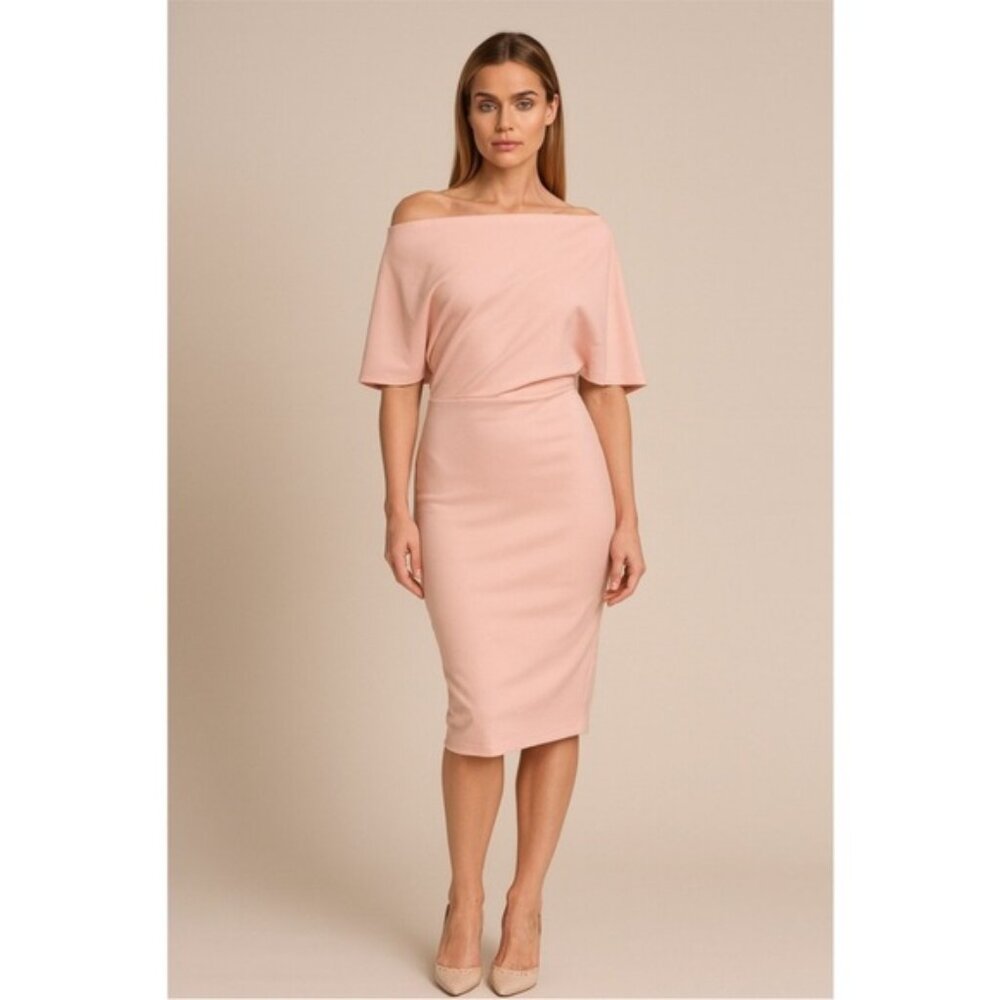 Alexia Admor Olivia light pink draped off shoulder midi sheath dress Large NWT